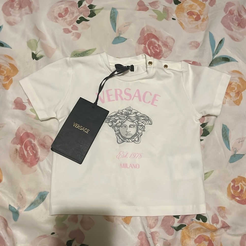 6-9months baby Versace shirt white and pink only worn for 1 hour !!